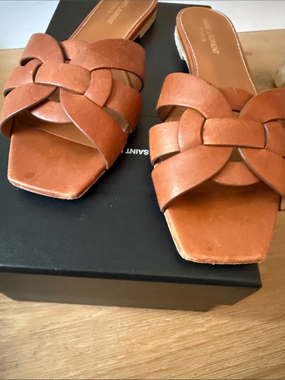 Saint Laurent Tan Brown Braided Leather Slide Mules - Picture 3 of 6